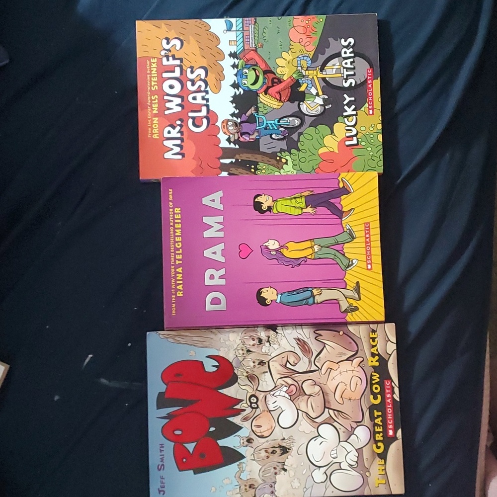 : 3 book lot  mr.wolf's class bone the great cow race and  drama